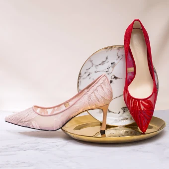Elegant Burgundy See Through Wedding Shoes 2019 Lace 7 Cm Stiletto Heels Pointed Toe Wedding Pumps