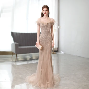 High End Fabulous Champagne Handmade Beading Rhinestone Evening Dresses 2021 Trumpet Mermaid Off The Shoulder Tassel Sleeveless Sweep Train Formal Dresses