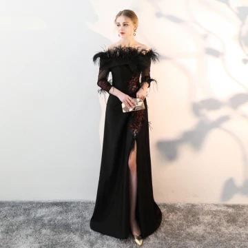 Chic Beautiful Black Evening Dresses 2018 A Line Princess Lace Feather Sequins Off The Shoulder 3 4 Sleeve Split Front Sweep Train Formal Dresses