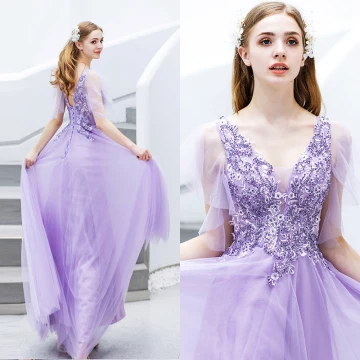 Élégant Lavande Robe De Soirée 2019 Princesse V Cou Perlage Cristal En Dentelle Fleur Manches Courtes Dos Nu Longue Robe De Ceremonie