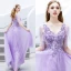 Élégant Lavande Robe De Soirée 2019 Princesse V-Cou Perlage Cristal En Dentelle Fleur Manches Courtes Dos Nu Longue Robe De Ceremonie