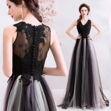 Chic Belle Noire Robe De Soirée 2019 Princesse V Cou En Dentelle Fleur Boutons Sans Manches Longue Robe De Ceremonie