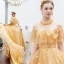 Charming Gold Evening Dresses  2019 A-Line / Princess Scoop Neck Beading Crystal Sequins Lace Flower Short Sleeve Backless Floor-Length / Long Formal Dresses