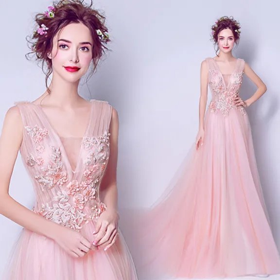 Elegant Pearl Pink Evening Dresses 2019 A-Line / Princess V-Neck Pearl ...