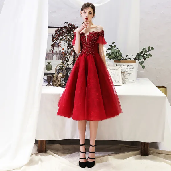 Hermoso Borgona de fiesta Vestidos de graduacion 2019 A Line Princess Scoop Escote Rebordear Crystal Con