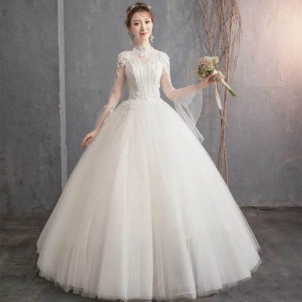 Elegant Champagne Wedding Dresses 2019 A-Line / Princess High Neck Appliques Lace Flower Beading Pearl Sequins Long Sleeve Backless Floor-Length / Long