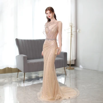 Haut De Gamme Champagne Fait Main Perlage Faux Diamant Robe De Soirée 2021 Trompette Sirène V Cou Sans Manches Dos Nu Train De Balayage Robe De Ceremonie