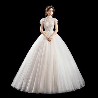 Chic Belle Ivoire Robe De Mariée 2019 Princesse Col Haut Perlage Paillettes Appliques En Dentelle Fleur Manches Courtes Dos Nu Longue