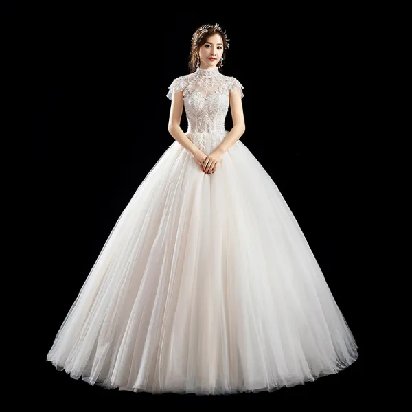 Chic / Beautiful Ivory Wedding Dresses 2019 A-Line / Princess High Neck Beading Sequins Appliques Lace Flower Short Sleeve Backless Floor-Length / Long