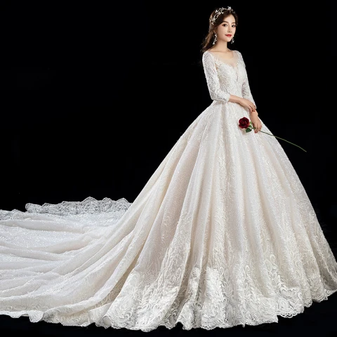 Luxus / Herrlich Champagner Brautkleider / Hochzeitskleider 2019 A Linie Rundhalsausschnitt Perlenstickerei Kristall Pailletten Spitze Blumen 3/4 Ärmel Rückenfreies Kathedrale Schleppe