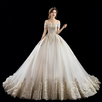 Luxury Gorgeous Champagne Wedding Dresses 2019 A Line Princess Off The Shoulder Beading Pearl Sequins Lace Flower Short Sleeve Backless Cathedral Train