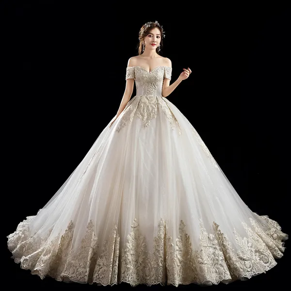 Luxury / Gorgeous Champagne Wedding Dresses 2019 A-Line / Princess Off-The-Shoulder Beading Pearl Sequins Lace Flower Short Sleeve Backless Cathedral Train