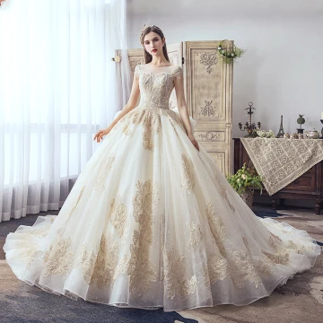 Luksusowe Szampan Suknie Ślubne 2019 Princessa Wycięciem Wykonany Ręcznie Frezowanie Perła Cekiny Rhinestone Z Koronki Kwiat Kótkie Rękawy Bez Pleców Trenem Katedra