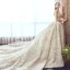Luxury / Gorgeous Champagne Handmade  Beading Wedding Dresses 2019 A-Line / Princess Scoop Neck Lace Flower Star Sequins Cap Sleeves Backless Cathedral Train
