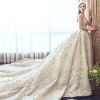 Luxury / Gorgeous Champagne Handmade  Beading Wedding Dresses 2019 A-Line / Princess Scoop Neck Lace Flower Star Sequins Cap Sleeves Backless Cathedral Train