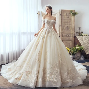 Luxury Gorgeous Ivory Wedding Dresses 2019 A Line Princess Off The Shoulder Beading Tassel Appliques Pearl Lace Flower Short Sleeve Backless Royal Train