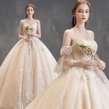 Charmant Champagne Robe De Mariée 2019 Robe Boule Bustier Perlage En Dentelle Fleur Manches Courtes Dos Nu Cathedral Train