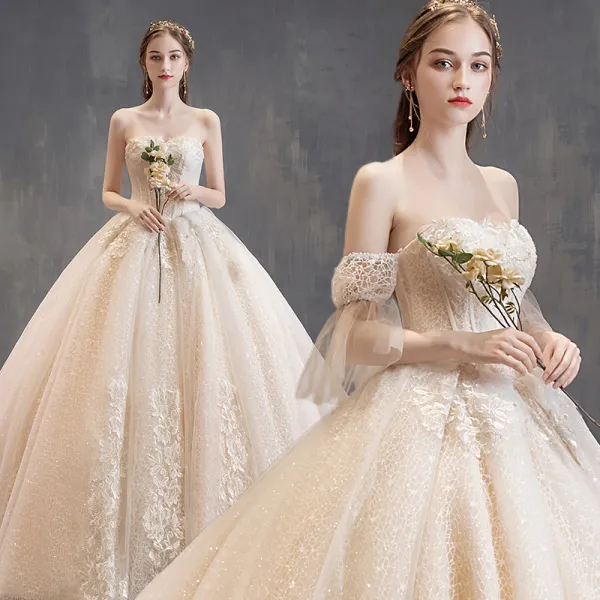 Charming Champagne Wedding Dresses 2019 Ball Gown Strapless Beading Lace Flower Short Sleeve Backless Cathedral Train