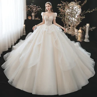 Fabuleux Champagne Robe De Mariée 2021 Robe Boule Encolure Dégagée Perlage Paillettes Appliques Manches Courtes Dos Nu Royal Train Mariage