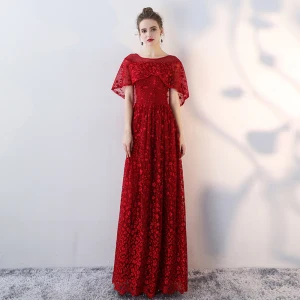 Chic Belle Bordeaux Robe De Soirée 2018 Empire En Dentelle Fleur Perlage Encolure Dégagée Manches Courtes Longue Robe De Ceremonie