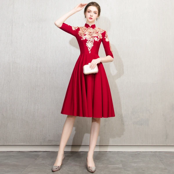 Chinese style Burgundy Evening Dresses 2019 A-Line / Princess High Neck Gold Lace Flower 1/2 Chinese style Burgundy Evening Dresses 2019 A-Line / Princess High Neck Gold Lace Flower 1/2