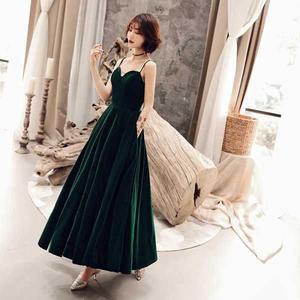 Modest / Simple Solid Color Dark Green Homecoming Graduation Dresses 2019 A-Line / Princess Spaghetti Straps Suede Sleeveless Backless Ankle Length