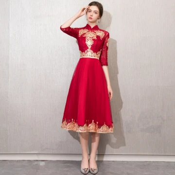 Style Chinois Bordeaux Robe De Soirée 2019 Princesse Col Haut Paillettes En Dentelle Fleur 1 2 Manches Thé Longueur Robe De Ceremonie