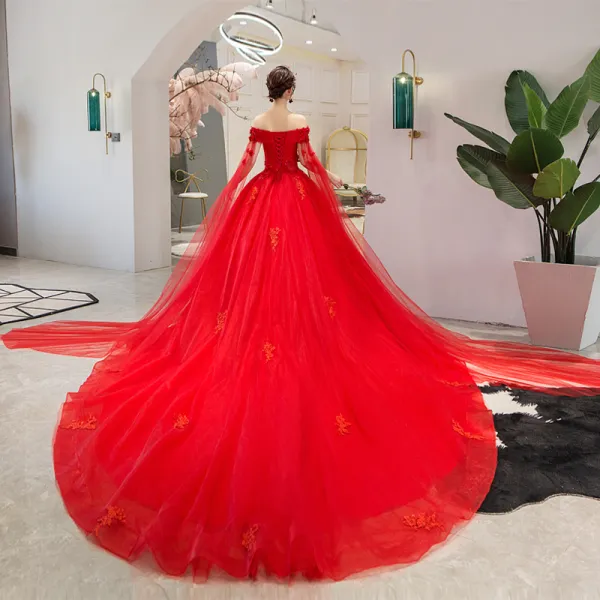 Chic / Beautiful Red Wedding Dresses 2019 A-Line / Princess Off-The-Shoulder Beading Pearl Appliques Lace Flower Sequins Short Sleeve Backless Cathedral Train