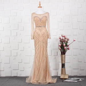 Luxe Doré Fait Main Perlage Robe De Soirée 2019 Trompette Sirène Encolure Dégagée Cristal Faux Diamant Manches Longues Train De Balayage Robe De Ceremonie