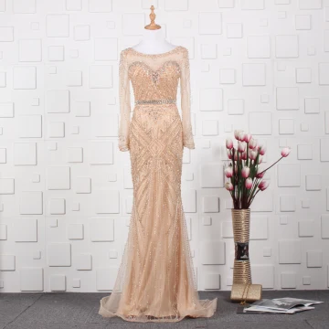 Luxury Gorgeous Gold Handmade Beading Evening Dresses 2019 Trumpet Mermaid Scoop Neck Crystal Rhinestone Long Sleeve Sweep Train Formal Dresses