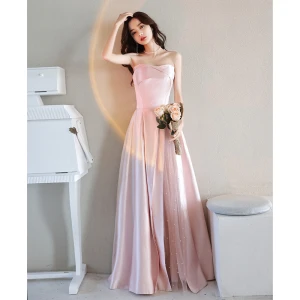 Elegant Candy Pink Pearl Satin Prom Dresses 2021 A Line Princess Strapless Sleeveless Backless Floor Length Long Formal Dresses