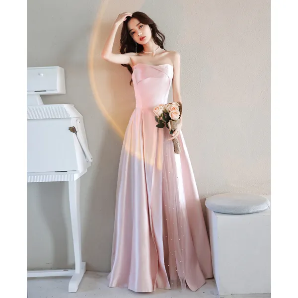 Elegant Candy Pink Pearl Satin Prom Dresses 2021 A-Line / Princess Strapless Sleeveless Backless Floor-Length / Long Formal Dresses