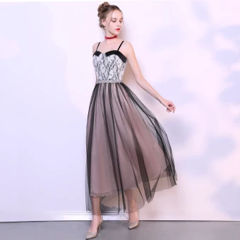 Chic Beautiful Black Homecoming Graduation Dresses 2019 A Line Princess Spaghetti Straps Bow Lace Flower Sleeveless Backless Ankle Length Formal Dresses