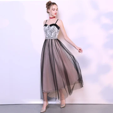 Chic Beautiful Black Homecoming Graduation Dresses 2019 A Line Princess Spaghetti Straps Bow Lace Flower Sleeveless Backless Ankle Length Formal Dresses
