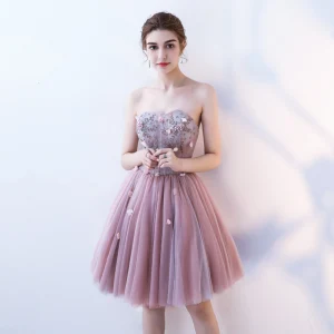 Sexy Rødmende Rosa Cocktailkjoler 2019 Prinsesse Strapless Appliques Perle Krystall Blonder Blomst Uten Ermer Ryggløse Korte Formelle Kjoler