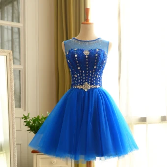 Chic Belle Bleu Roi Robe De Cocktail 2019 Princesse Encolure Dégagée Cristal Faux Diamant Sans Manches Dos Nu Courte Robe De Ceremonie
