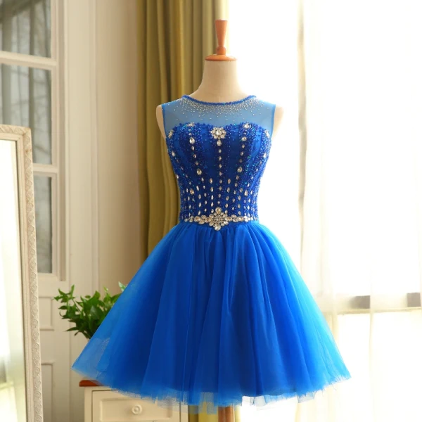 blue cocktail prom dress BABARONI Stretch Satin Royal Blue Prom Dresses Sheath/Column V-neck Pleated  With Slit Beaded Sweep/Brush Train main image 0