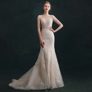 Haut De Gamme Ivoire Robe De Mariée 2021 Trompette Sirène Encolure Dégagée Perlage En Dentelle Fleur Manches Courtes Dos Nu Train De Balayage Mariage