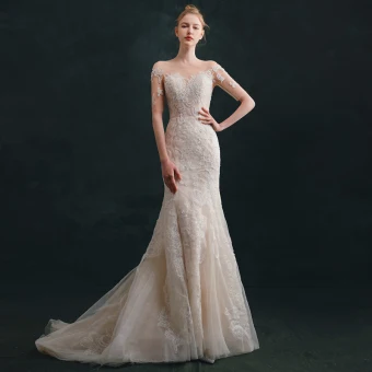 Haut De Gamme Ivoire Robe De Mariée 2021 Trompette Sirène Encolure Dégagée Perlage En Dentelle Fleur Manches Courtes Dos Nu Train De Balayage Mariage