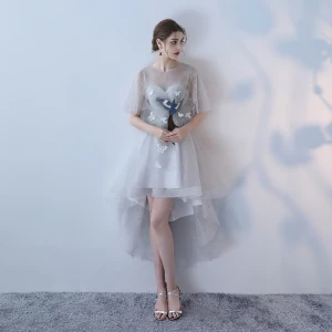Elegant Grey A Line Princess Cocktail Dresses 2018 Lace Flower Scoop Neck Sleeveless Asymmetrical Formal Dresses