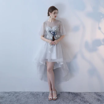 Elegant Grey A Line Princess Cocktail Dresses 2018 Lace Flower Scoop Neck Sleeveless Asymmetrical Formal Dresses
