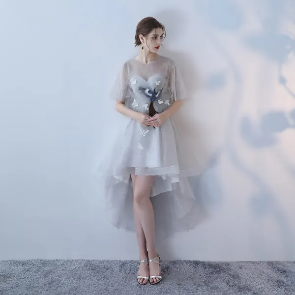 Elegant Grey A-Line / Princess Cocktail Dresses 2018 Lace Flower Scoop Neck Sleeveless Asymmetrical Formal Dresses