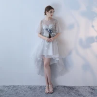 Eleganckie Szary Princessa Sukienki Koktajlowe 2018 Z Koronki Kwiat Wycięciem Bez Rękawów Asymetryczny Sukienki Wizytowe