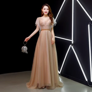 Chic Belle Champagne Robe De Soirée 2019 Princesse V Cou Perlage Cristal Paillettes Manches Courtes Dos Nu Train De Balayage Robe De Ceremonie