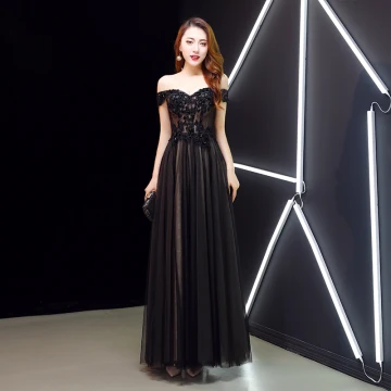 Charmant Noire Robe De Soirée 2019 Princesse De L 039 Épaule Cristal En Dentelle Fleur Manches Courtes Dos Nu Longue Robe De Ceremonie