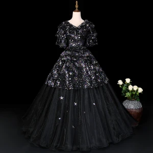 Scintillantes Noire Robe De Bal 2019 Princesse V Cou Étoile Paillettes En Dentelle Fleur 1 2 Manches Longue Robe De Ceremonie