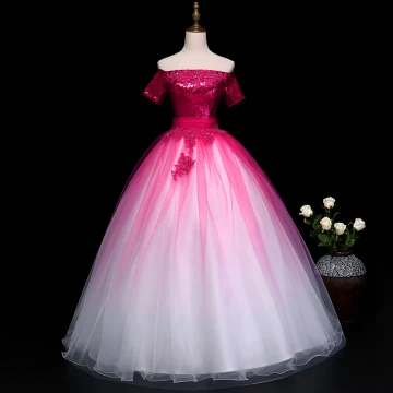 Chic Beautiful Fuchsia Prom Dresses 2019 Ball Gown Off The Shoulder Beading Pearl Crystal Lace Flower Sequins Short Sleeve Backless Floor Length Long Formal Dresses