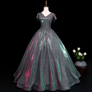 Vintage Originale Argenté Robe De Bal 2019 Princesse V Cou Paillettes Manches Courtes Dos Nu Longue Robe De Ceremonie