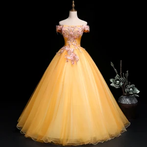 Chic Belle Doré Robe De Bal 2019 Princesse De L 039 Épaule Perle Faux Diamant En Dentelle Fleur Manches Courtes Dos Nu Longue Robe De Ceremonie