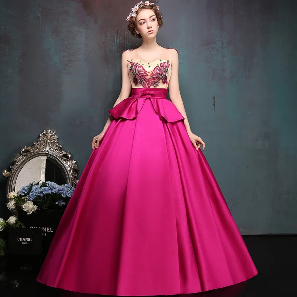 Chic / Beautiful Fuchsia Prom Dresses 2019 A-Line / Princess V-Neck Lace Flower Bow Sequins Sleeveless Backless Floor-Length / Long Formal Dresses